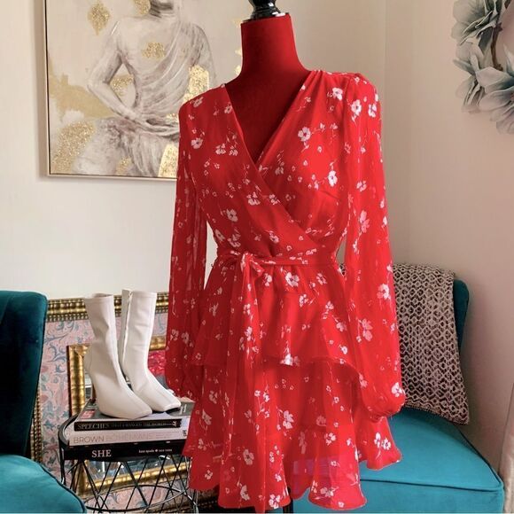 NORDSTROM RED FAUX WRAP DRESS - Picture 1 of 15
